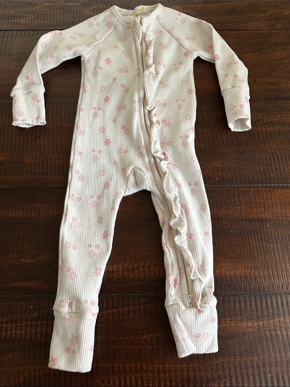 Little & Fern White Ribbed One-Piece with Pink Floral Print and Ruffle Zip